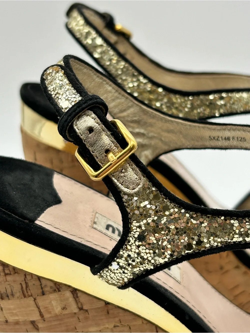 Miu Miu Gold Glitter Cork Platform Wedge Sandals size 39